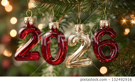 Red and silver ornaments displaying the year 2026 hang from a Christmas tree. Soft bokeh lights create a festive atmosphere. 132492916