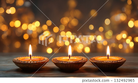 Three traditional diya lamps with flickering flames on a wooden surface. Soft bokeh lights in the background create a festive atmosphere for Diwali in India. 132492965