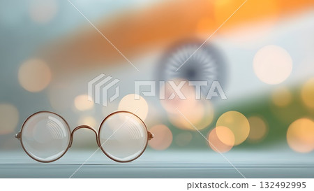 Round glasses in front of a blurred Indian flag background. The scene symbolizes Gandhi Jayanti, celebrating Mahatma Gandhi's legacy in India. 132492995