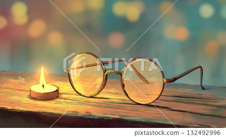Round glasses placed on a wooden surface next to a lit candle. The background features soft, blurred lights, creating a warm atmosphere. 132492996