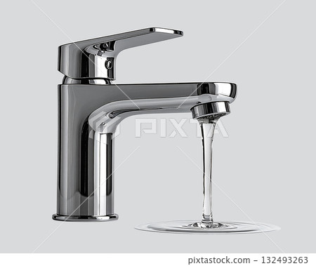 Water flows onto a mirror surface from a modern shiny water tap with a metal tap 132493263