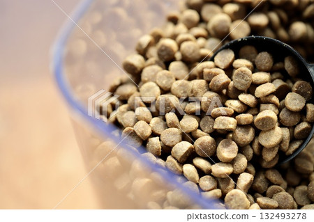 Grain-free small-kibble dry dog food in a clear plastic container Grain-free small-kibble dry dog food in a clear plastic container 132493278