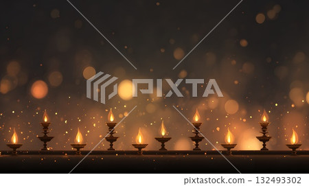 A row of traditional oil lamps lit against a dark background. Soft bokeh lights create a festive atmosphere, symbolizing Dussehra and Diwali celebrations in India. 132493302