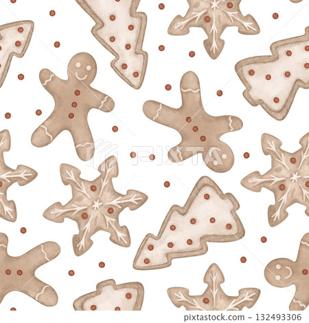 Hand-drawn seamless pattern with Christmas illustration gingerbread man and cookies in the shape of a snowflake and tree. New year repeat print for design textile or wrapping paper with cookies. Hand-drawn seamless pattern with Christmas illustration gingerbread man and cookies in the shape of a snowflake and tree. New year repeat print for design textile or wrapping paper with cookies. 132493306