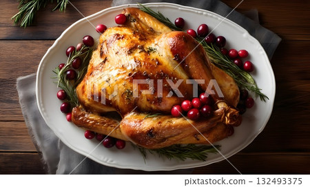 Roasted turkey garnished with cranberries and herbs on a white platter. Traditional Thanksgiving dish in the USA and Canada. 132493375