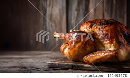 Roasted turkey on a wooden cutting board. The turkey is golden brown with crispy skin, ideal for Thanksgiving celebrations in the USA and Canada. 132493378