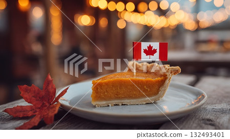 A slice of pumpkin pie on a plate with a small Canadian flag. Autumn leaves and warm lights create a cozy Thanksgiving atmosphere. A slice of pumpkin pie on a plate with a small Canadian flag. Autumn leaves and warm lights create a cozy Thanksgiving atmosphere. 132493401