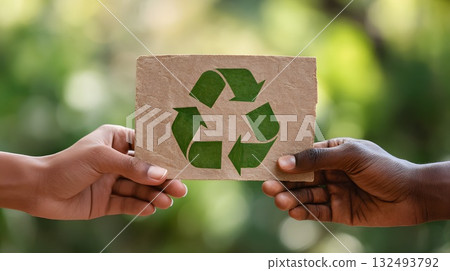 Two hands, one light skin and one dark skin, hold a cardboard sign with a green recycling symbol. The background features blurred greenery, emphasizing sustainability and ecology. Two hands, one light skin and one dark skin, hold a cardboard sign with a green recycling symbol. The background features blurred greenery, emphasizing sustainability and ecology. 132493792