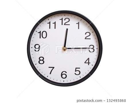 Round wall clock showing 00:15 or 12:15 isolated on white background. Concept of time, punctuality, deadline, or beginning of a new day. Round wall clock showing 00:15 or 12:15 isolated on white background. Concept of time, punctuality, deadline, or beginning of a new day. 132493868