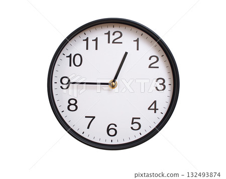 Round wall clock showing 00:45 or 12:45 isolated on white background. Concept of time, punctuality, deadline, or beginning of a new day. Round wall clock showing 00:45 or 12:45 isolated on white background. Concept of time, punctuality, deadline, or beginning of a new day. 132493874