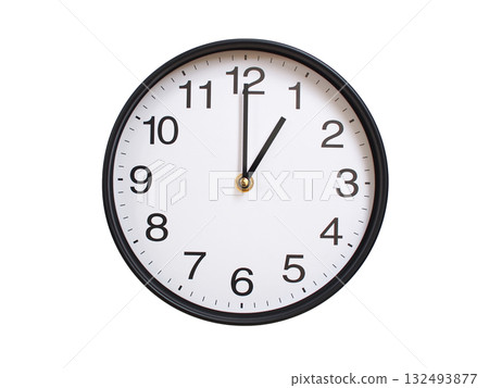 Round wall clock showing 01:00 or 13:00 isolated on white background. Concept of time, punctuality, deadline, or beginning of a new day. 132493877