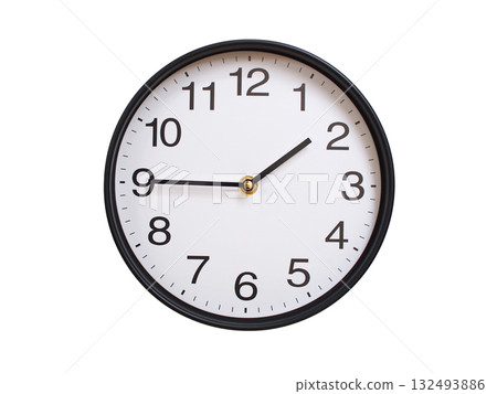 Round wall clock showing 01:45 or 13:45 isolated on white background. Concept of time, punctuality, deadline, or beginning of a new day. Round wall clock showing 01:45 or 13:45 isolated on white background. Concept of time, punctuality, deadline, or beginning of a new day. 132493886