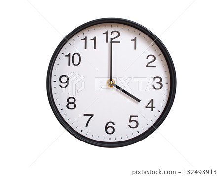 Round wall clock showing 04:00 or 16:00 isolated on white background. Concept of time, punctuality, deadline, or beginning of a new day. Round wall clock showing 04:00 or 16:00 isolated on white background. Concept of time, punctuality, deadline, or beginning of a new day. 132493913