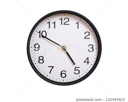 Round wall clock showing 04:50 or 16:50 isolated on white background. Concept of time, punctuality, deadline, or beginning of a new day. 132493923