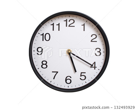 Round wall clock showing 05:20 or 17:20 isolated on white background. Concept of time, punctuality, deadline, or beginning of a new day. Round wall clock showing 05:20 or 17:20 isolated on white background. Concept of time, punctuality, deadline, or beginning of a new day. 132493929