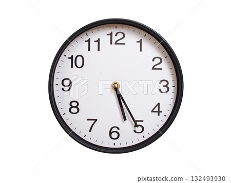 Round wall clock showing 05:25 or 17:25 isolated on white background. Concept of time, punctuality, deadline, or beginning of a new day. 132493930