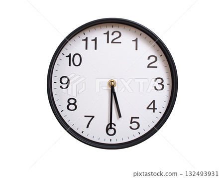 Round wall clock showing 05:30 or 17:30 isolated on white background. Concept of time, punctuality, deadline, or beginning of a new day. 132493931