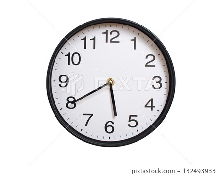 Round wall clock showing 05:40 or 17:40 isolated on white background. Concept of time, punctuality, deadline, or beginning of a new day. 132493933