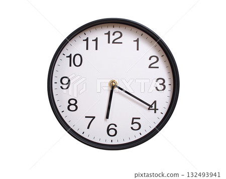 Round wall clock showing 06:20 or 18:20 isolated on white background. Concept of time, punctuality, deadline, or beginning of a new day. 132493941