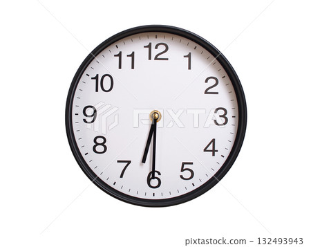 Round wall clock showing 06:30 or 18:30 isolated on white background. Concept of time, punctuality, deadline, or beginning of a new day. Round wall clock showing 06:30 or 18:30 isolated on white background. Concept of time, punctuality, deadline, or beginning of a new day. 132493943
