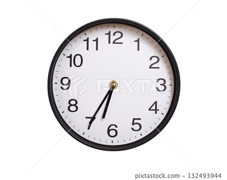 Round wall clock showing 06:35 or 18:35 isolated on white background. Concept of time, punctuality, deadline, or beginning of a new day. 132493944