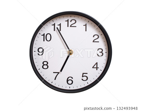Round wall clock showing 06:55 or 18:55 isolated on white background. Concept of time, punctuality, deadline, or beginning of a new day. 132493948