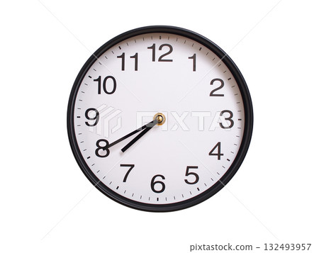 Round wall clock showing 07:40 or 19:40 isolated on white background. Concept of time, punctuality, deadline, or beginning of a new day. Round wall clock showing 07:40 or 19:40 isolated on white background. Concept of time, punctuality, deadline, or beginning of a new day. 132493957