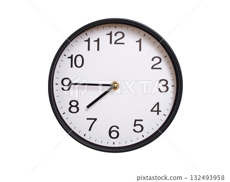 Round wall clock showing 07:45 or 19:45 isolated on white background. Concept of time, punctuality, deadline, or beginning of a new day. Round wall clock showing 07:45 or 19:45 isolated on white background. Concept of time, punctuality, deadline, or beginning of a new day. 132493958