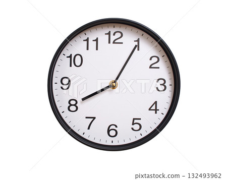 Round wall clock showing 08:05 or 20:05 isolated on white background. Concept of time, punctuality, deadline, or beginning of a new day. 132493962