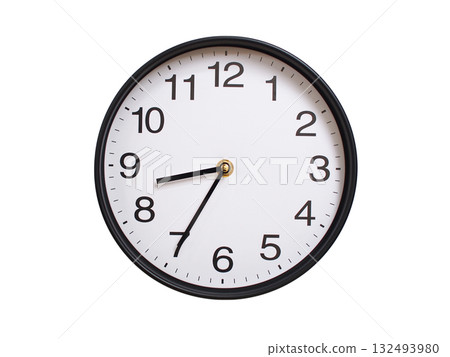 Round wall clock showing 08:35 or 20:35 isolated on white background. Concept of time, punctuality, deadline, or beginning of a new day. Round wall clock showing 08:35 or 20:35 isolated on white background. Concept of time, punctuality, deadline, or beginning of a new day. 132493980