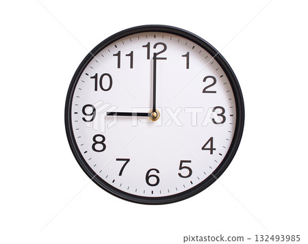 Round wall clock showing 09:00 or 21:00 isolated on white background. Concept of time, punctuality, deadline, or beginning of a new day. Round wall clock showing 09:00 or 21:00 isolated on white background. Concept of time, punctuality, deadline, or beginning of a new day. 132493985