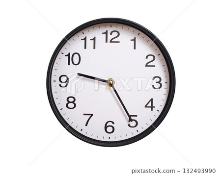 Round wall clock showing 09:25 or 21:25 isolated on white background. Concept of time, punctuality, deadline, or beginning of a new day. Round wall clock showing 09:25 or 21:25 isolated on white background. Concept of time, punctuality, deadline, or beginning of a new day. 132493990
