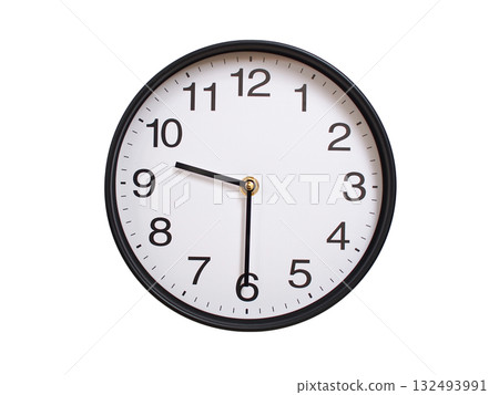 Round wall clock showing 09:30 or 21:30 isolated on white background. Concept of time, punctuality, deadline, or beginning of a new day. Round wall clock showing 09:30 or 21:30 isolated on white background. Concept of time, punctuality, deadline, or beginning of a new day. 132493991
