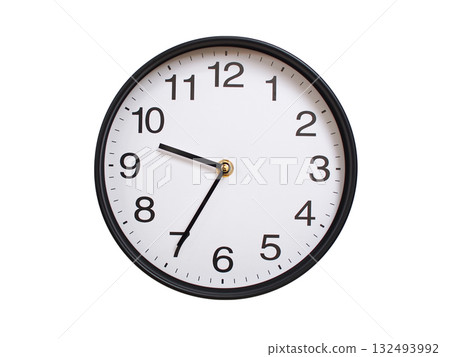 Round wall clock showing 09:35 or 21:35 isolated on white background. Concept of time, punctuality, deadline, or beginning of a new day. 132493992