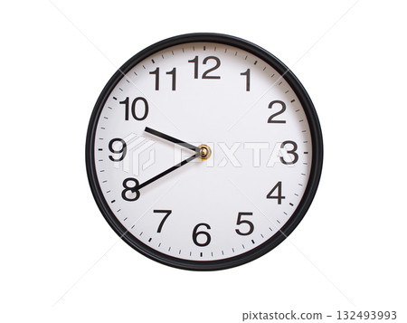 Round wall clock showing 09:40 or 21:40 isolated on white background. Concept of time, punctuality, deadline, or beginning of a new day. 132493993