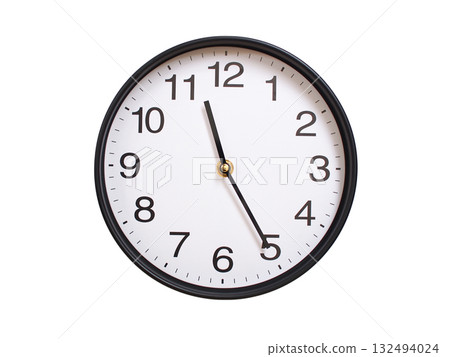 Round wall clock showing 11:25 or 23:25 isolated on white background. Concept of time, punctuality, deadline, or beginning of a new day. Round wall clock showing 11:25 or 23:25 isolated on white background. Concept of time, punctuality, deadline, or beginning of a new day. 132494024