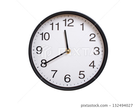 Round wall clock showing 11:40 or 23:40 isolated on white background. Concept of time, punctuality, deadline, or beginning of a new day. 132494027