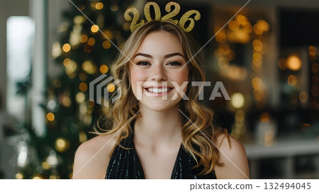 Smiling young Caucasian woman with long wavy hair wearing a black dress and a 2026 headband. Christmas tree and festive lights in the background. 132494045