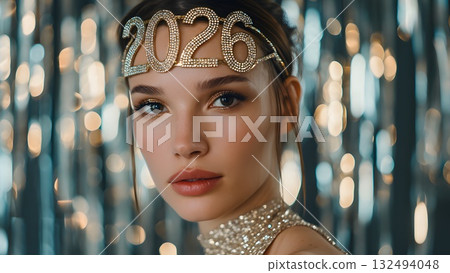 A young Caucasian woman with long brown hair wears a sparkling headband with '2026'. She has a glamorous makeup look and a shimmering outfit, set against a festive background. 132494048