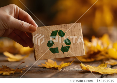 A hand holds a wooden card with a green recycling symbol. The background features autumn leaves, emphasizing themes of ecology and sustainability. 132494049
