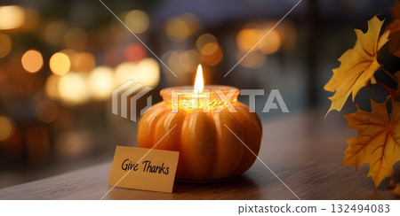 A lit pumpkin candle with a 'Give Thanks' card on a wooden table. Autumn leaves are visible in the background, creating a warm, festive atmosphere for Thanksgiving. 132494083