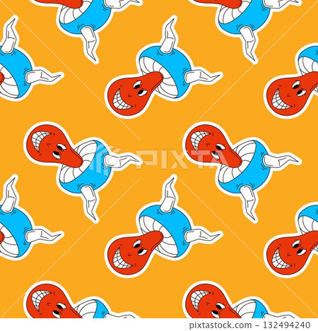 Seamless pattern with groovy psychedelic mushroom with smiling face and horns on orange background in cartoon style. 132494240