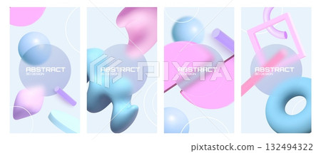 Vertical abstract cards with 3D pastel forms and geometric compositions in realistic style Vertical abstract cards with 3D pastel forms and geometric compositions in realistic style 132494322