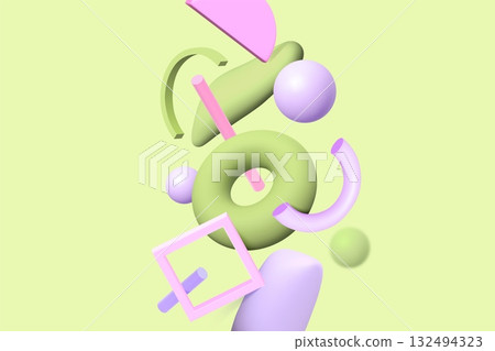 Green and lavender pastel 3D objects arranged vertically in realistic style 132494323
