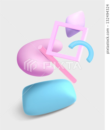 Abstract 3D composition with pastel forms on light gray background in realistic style 132494324