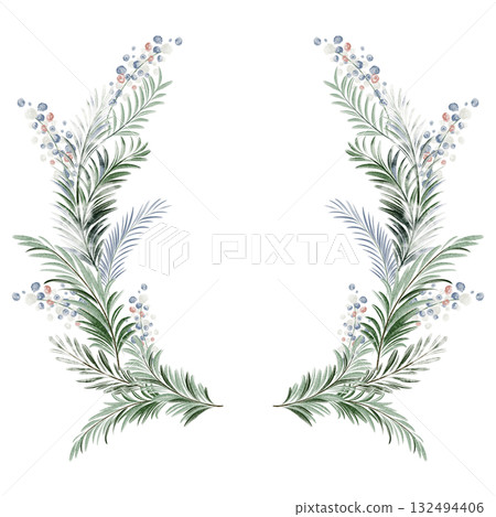 Watercolor evergreen wreath with pine and spruce branches. Christmas and New Year decoration. Isolated circular element for postcard or festive design. Watercolor evergreen wreath with pine and spruce branches. Christmas and New Year decoration. Isolated circular element for postcard or festive design. 132494406