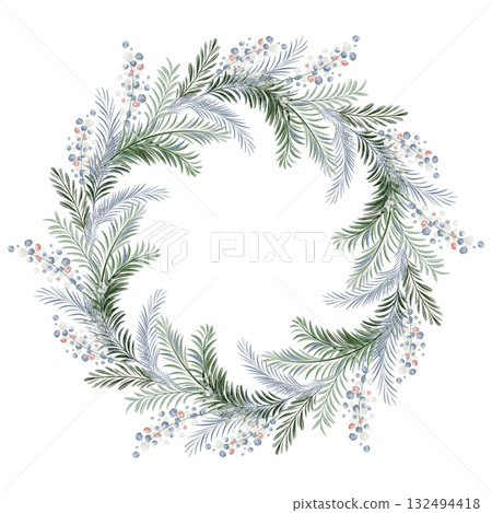 Watercolor Christmas wreath made of pine and spruce branches. Circular festive frame for card, template, or poster. Isolated illustration for winter design. Watercolor Christmas wreath made of pine and spruce branches. Circular festive frame for card, template, or poster. Isolated illustration for winter design. 132494418