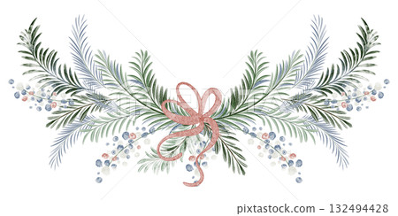 Watercolor spruce and pine branches arranged as a Christmas garland. Decorative element for holiday design, greeting, or banner. Isolated festive illustration. Watercolor spruce and pine branches arranged as a Christmas garland. Decorative element for holiday design, greeting, or banner. Isolated festive illustration. 132494428