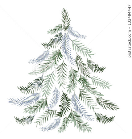 Watercolor cartoon Christmas tree without decorations. Hand drawn pine illustration for winter design and holiday card. Isolated evergreen element. 132494447