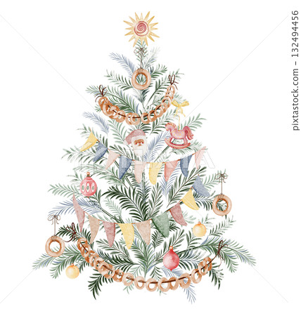Watercolor illustration of Christmas tree with garland, toys and ornaments. Vintage Fir spruce evergreen symbol for greeting card, holiday design, xmas decoration and new year celebration. 132494456